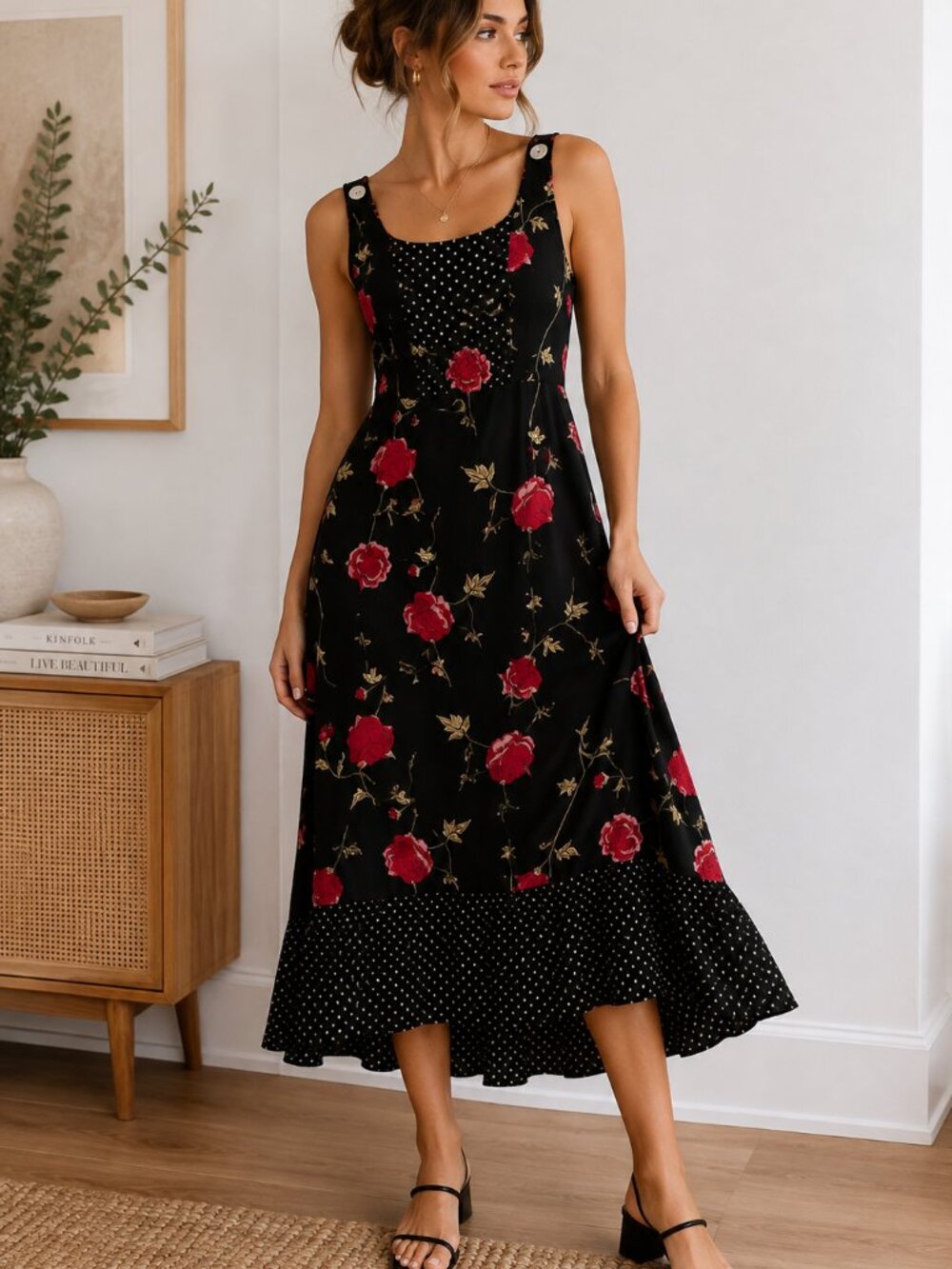 Christopher & Banks Black Rose Floral Rayon Midi Dress‎ Vintage Cottagecore M ✨